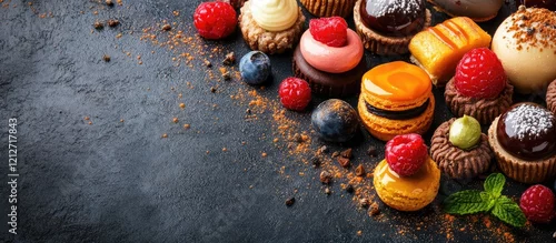Panel kuchenny z motywem Colorful gourmet desserts and pastries arranged on a dark slate background with fresh berries and mint leaves creating an elegant presentation setting.