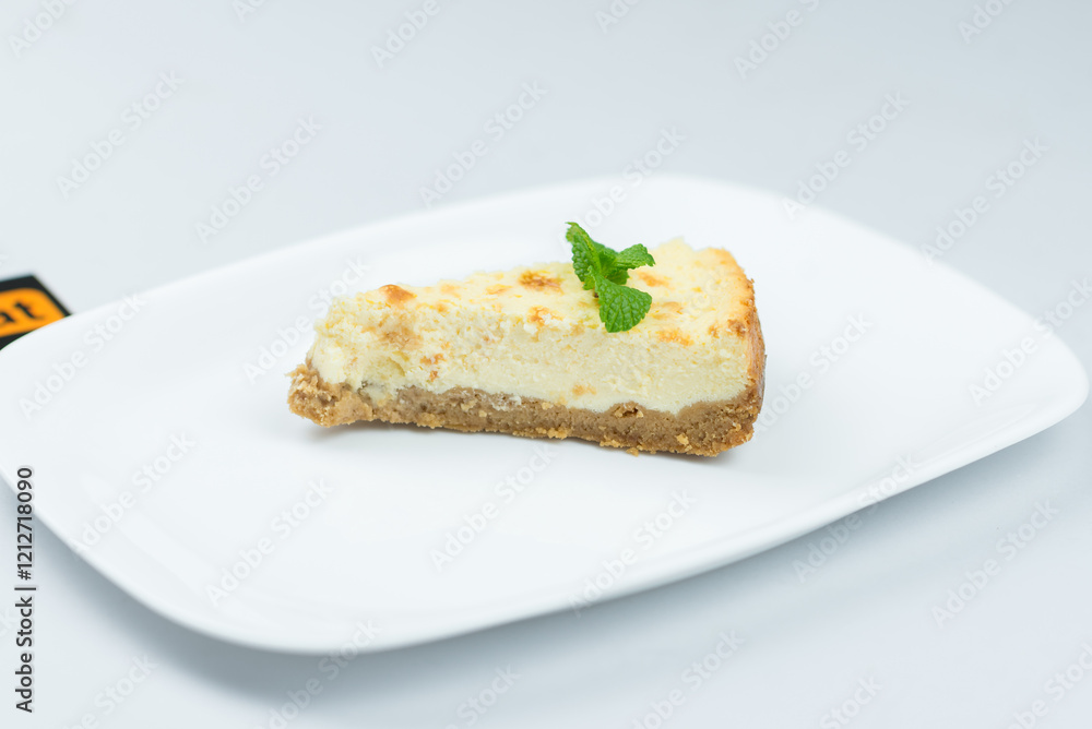 Cheesecake with mint on a white plate on a gray background Cheesecake with mint on a white plate on a gray background