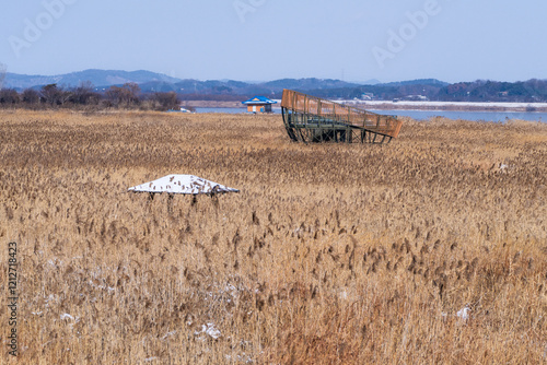 snow-covered gazebo and observatory in the reed field at the riverside