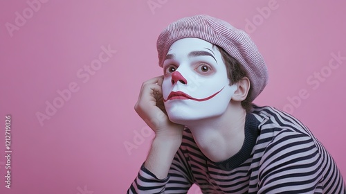 A full-body portrait of a charismatic, young mime with a white face mask, wearing a striped shirt and beret, leaning on an invisible object. The image pn light violet background photo