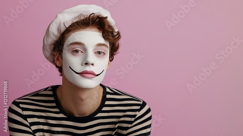 A full-body portrait of a charismatic, young mime with a white face mask, wearing a striped shirt and beret, leaning on an invisible object. The image pn light violet background photo