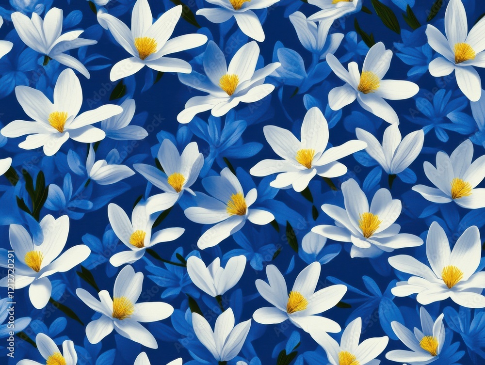 Fototapeta premium A vibrant pattern of white and blue flowers against a deep blue background, creating a fresh and lively floral design.