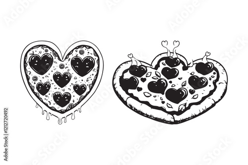 Heart-Shaped Pizza Line Art Illustration for Creative Designs