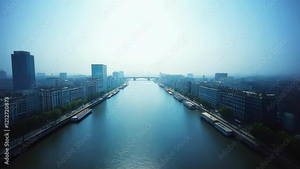 Urban river view with buildings and bridges under a hazy sky in a modern city Urban river view with buildings and bridges under a hazy sky in a modern city