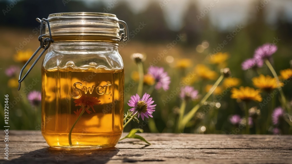 A jar of honey sits on a wooden surface, surrounded by colorful wildflowers in a sunny field. A jar of honey sits on a wooden surface, surrounded by colorful wildflowers in a sunny field.