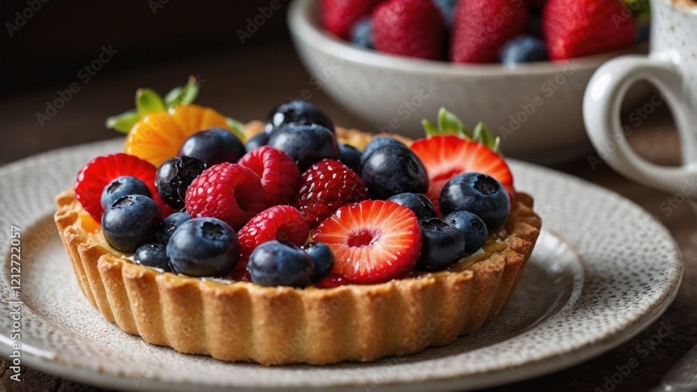 A delicious fruit tart topped with assorted berries and citrus slices on a textured plate. A delicious fruit tart topped with assorted berries and citrus slices on a textured plate.