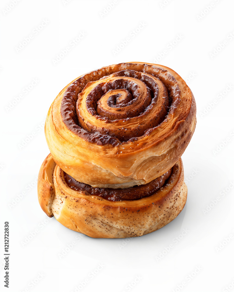 Fototapeta premium Warm cinnamon rolls freshly baked and stacked on a white background ready to be enjoyed