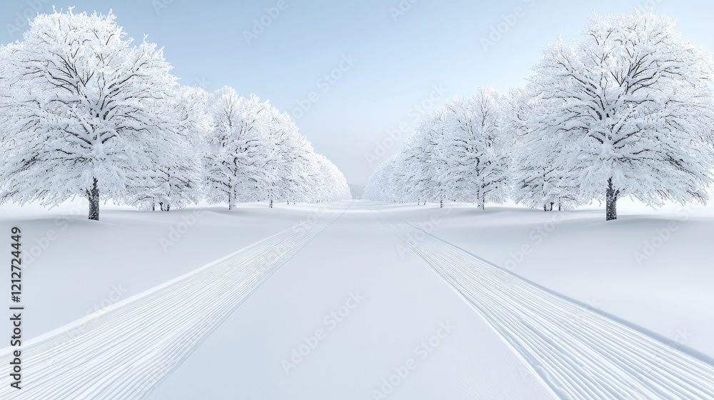 Obraz premium Snowy road through winter trees, serene landscape