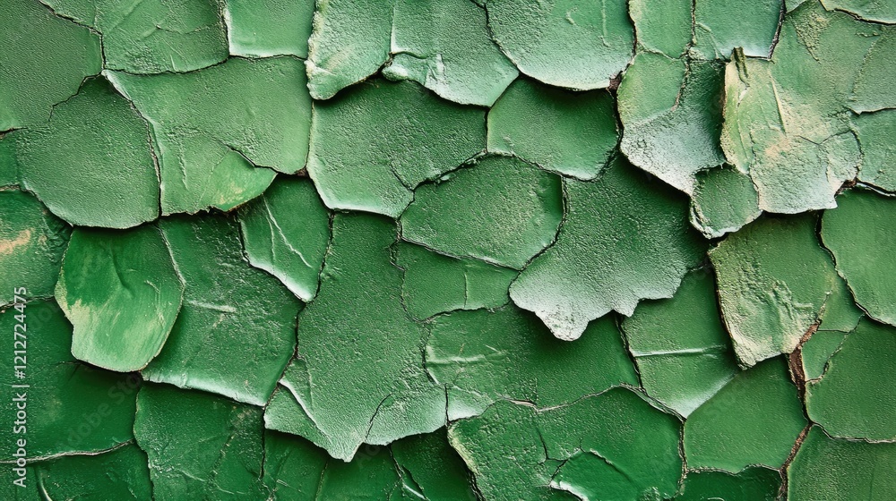 Fototapeta premium Weathered green cement paint with peeling texture showcasing vintage charm and character for design and archival purposes.