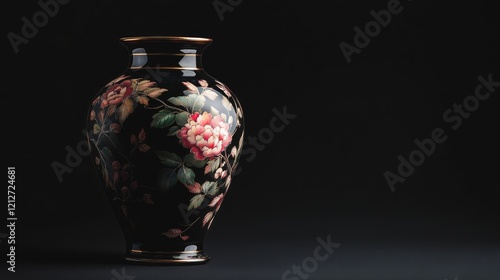 Elegant black vase with floral design against a dark background showcasing craftsmanship and artistic beauty. Perfect for decor or still life compositions. photo