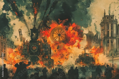 Steampunk Clockwork Explosion Amidst Victorian Cityscape photo