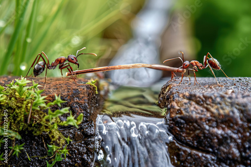 Conceptual image, Close-up of ants collaborating to build a natural bridge over a gap photo