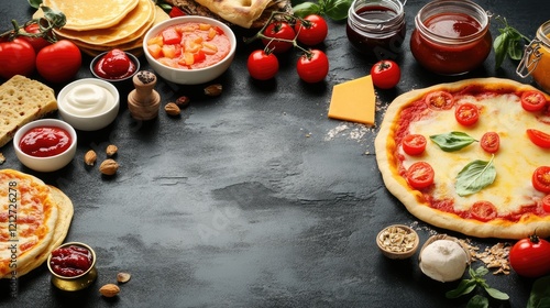 Pizza and pancake culinary background with ingredients tomatoes cheese and sauces for food-related designs and culinary promotions photo