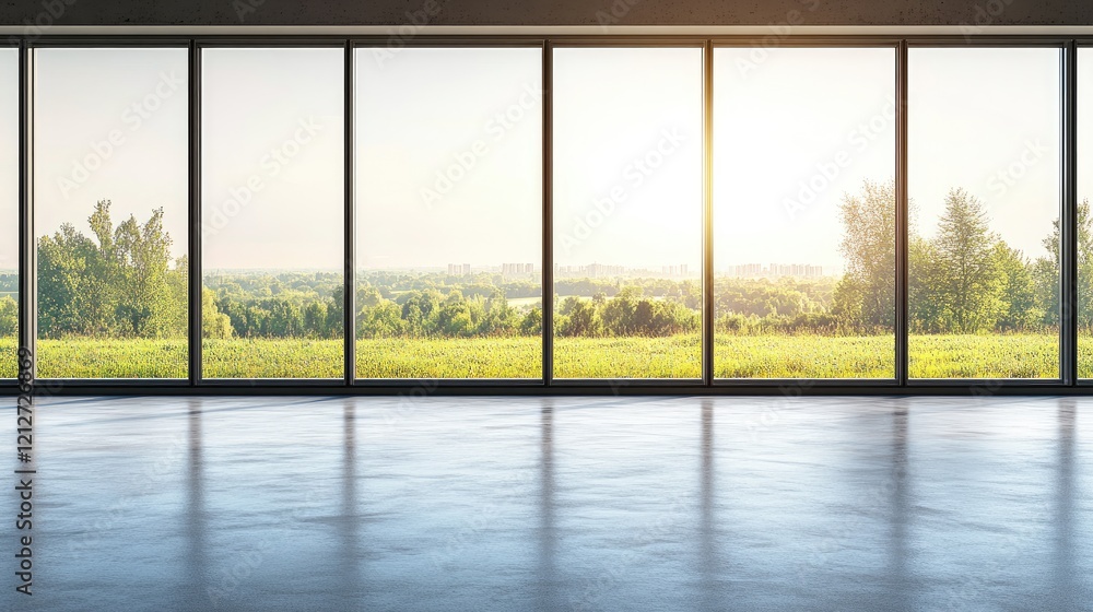 Fototapeta premium Sunlit empty office with large windows offering countryside views Spacious creative design space with nature-inspired ambiance