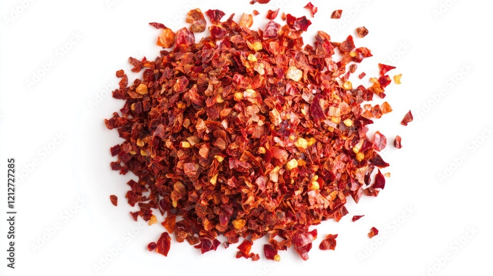 Crushed red chili pepper flakes texture on white background used as a spicy ingredient in various dishes culinary flavor enhancer Crushed red chili pepper flakes texture on white background used as a spicy ingredient in various dishes culinary flavor enhancer