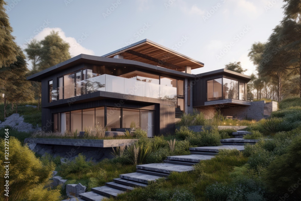 Modern hillside home nestled amongst lush greenery Modern hillside home nestled amongst lush greenery