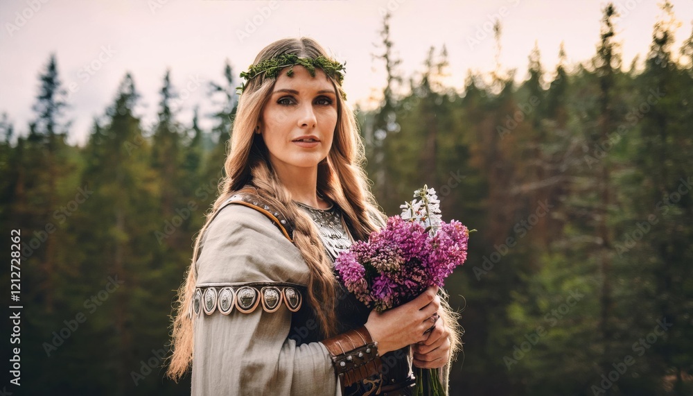 Φωτογραφία A woman adorned in a flowing gown holds a bouquet of vibrant spring flowers among lush trees