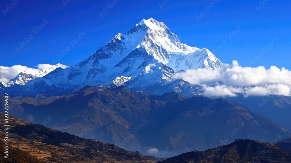 Majestic Snow Capped Mountains Under Clear Azure Sky with White Clouds Above Lush Green Valleys in Bright Daylight Majestic Snow Capped Mountains Under Clear Azure Sky with White Clouds Above Lush Green Valleys in Bright Daylight