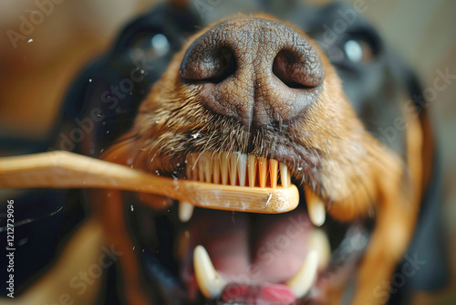 Owner gently brushing a dog's teeth with dog toothpaste photo