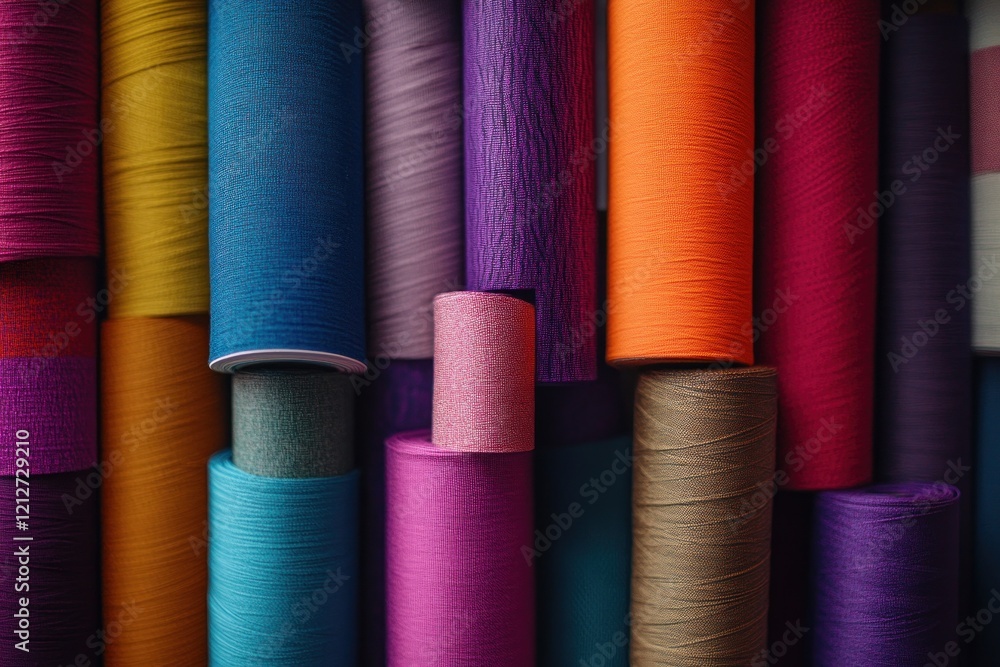Colorful spools of thread in a close-up view; craft supplies, textile industry, background Colorful spools of thread in a close-up view; craft supplies, textile industry, background