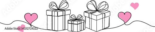 Valentine's Day Gift box one line drawing . Continuous one line gift box.Presents with ribbon bow. Hand drawn greeting red present box.Line art surprise with a hearts . Gift box with a hearts
