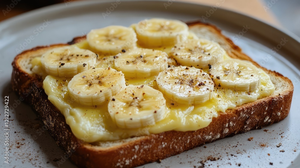 Toasted Bread with Sliced Bananas and Soft Cheese Garnished with Black Pepper on a Neutral Plate in Warm Natural Lighting Toasted Bread with Sliced Bananas and Soft Cheese Garnished with Black Pepper on a Neutral Plate in Warm Natural Lighting