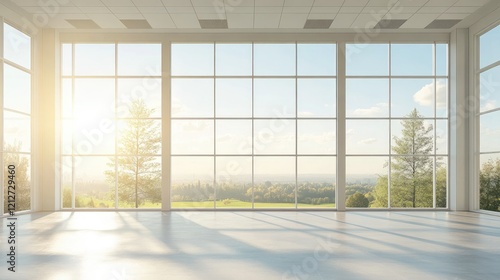 Bright spacious office with large windows offering a stunning countryside view ideal for creative work and inspiring business environments