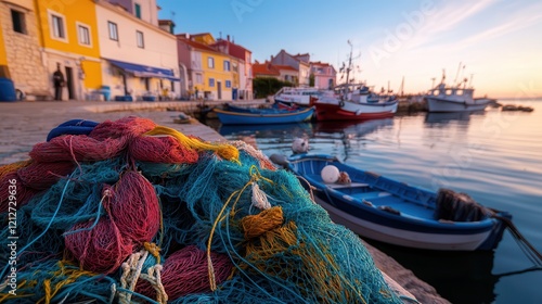 A quaint port with colorful fishing boats and nets scattered along the docks photo