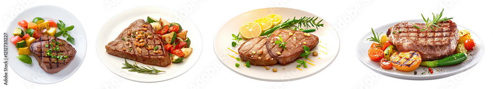 Four Deliciously Grilled Steaks with Colorful Vegetable Sides on White Plates, PNG Transparent Background Four Deliciously Grilled Steaks with Colorful Vegetable Sides on White Plates, PNG Transparent Background