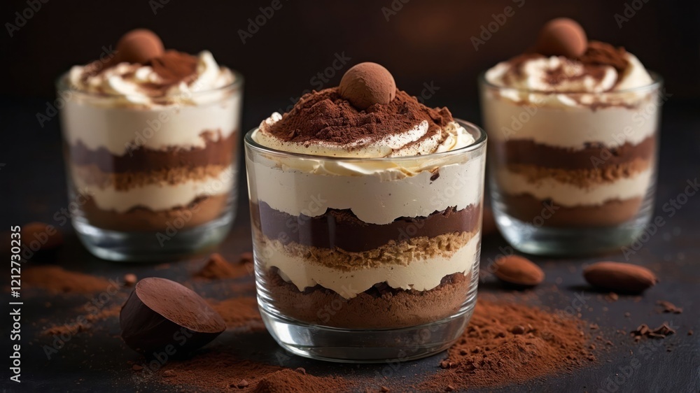 Three elegant dessert glasses filled with layered chocolate and cream, topped with cocoa powder. Three elegant dessert glasses filled with layered chocolate and cream, topped with cocoa powder.