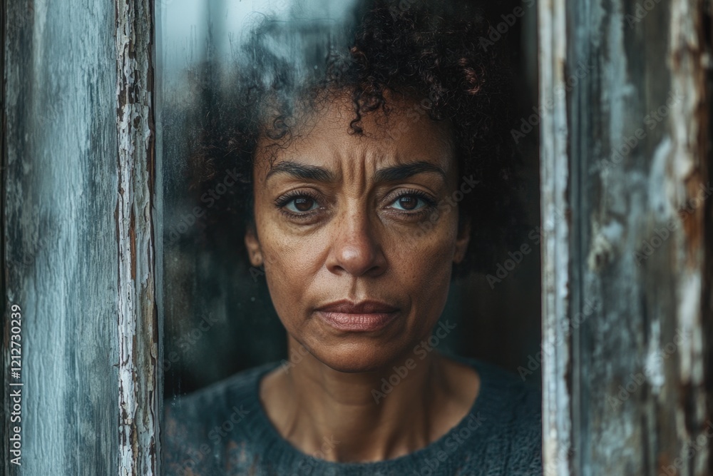 Fototapeta premium Portrait of a concerned woman looking out window