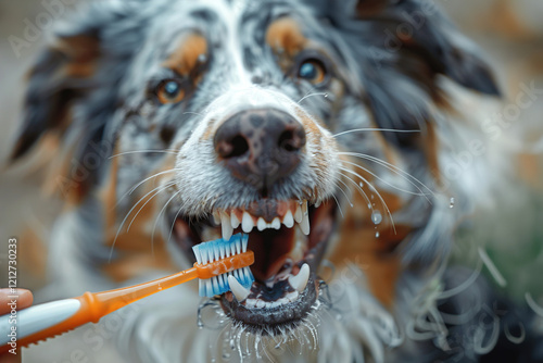 Owner gently brushing a dog's teeth with dog toothpaste. photo