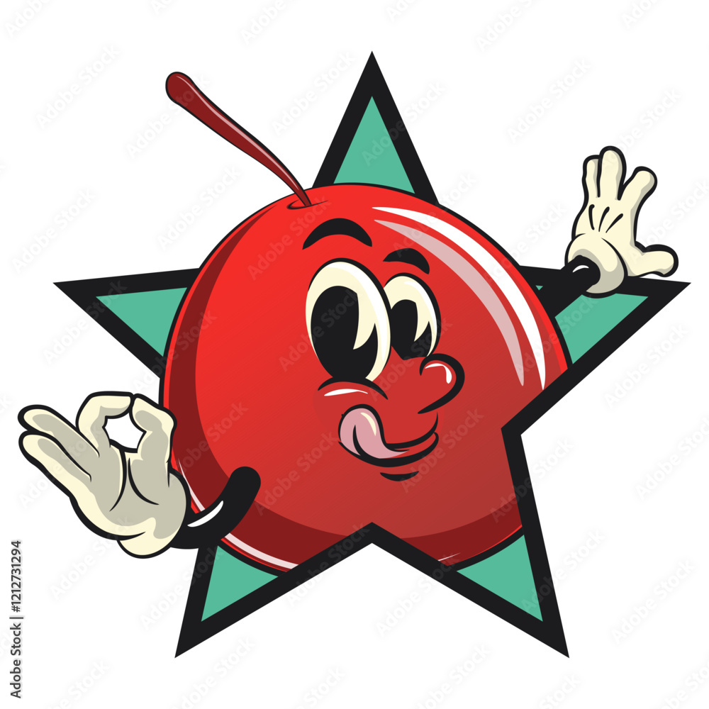 Cute red cherry fruit vektor illustration mascot character out from of a star by giving an OK sign, work of hand drawn Cute red cherry fruit vektor illustration mascot character out from of a star by giving an OK sign, work of hand drawn
