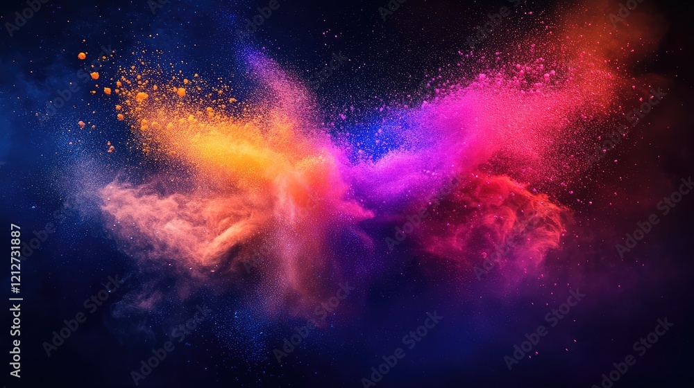 Colorful Pigment Explosion in Vibrant Shades of Pink Purple Orange and Yellow Against a Dark Background for Holi Festival Celebrations Colorful Pigment Explosion in Vibrant Shades of Pink Purple Orange and Yellow Against a Dark Background for Holi Festival Celebrations