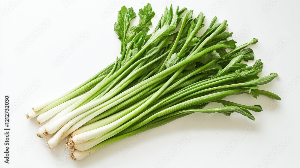 Freshly harvested vibrant spring onions arranged neatly on a clean white background showcasing natural colors and textures for culinary use. Freshly harvested vibrant spring onions arranged neatly on a clean white background showcasing natural colors and textures for culinary use.