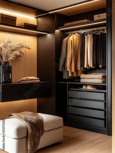 Modern wardrobe design with organized clothing and stylish decor.