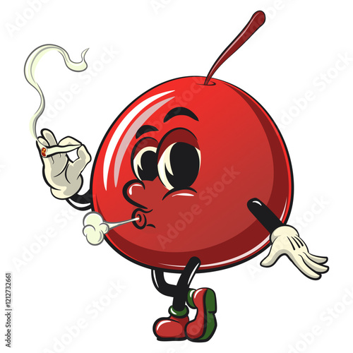 Cute red cherry fruit vektor illustration mascot character smoke calmly, work of hand drawn