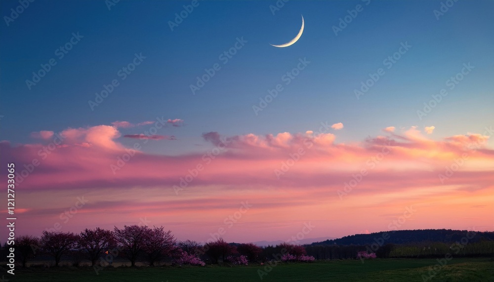 Gentle spring colors blend in the twilight sky as a crescent moon watches over blossoming trees. Gentle spring colors blend in the twilight sky as a crescent moon watches over blossoming trees.