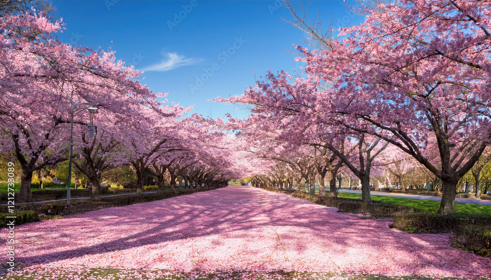 Vibrant cherry blossom trees line the path, showering petals like confetti amidst spring's charm. Vibrant cherry blossom trees line the path, showering petals like confetti amidst spring's charm.