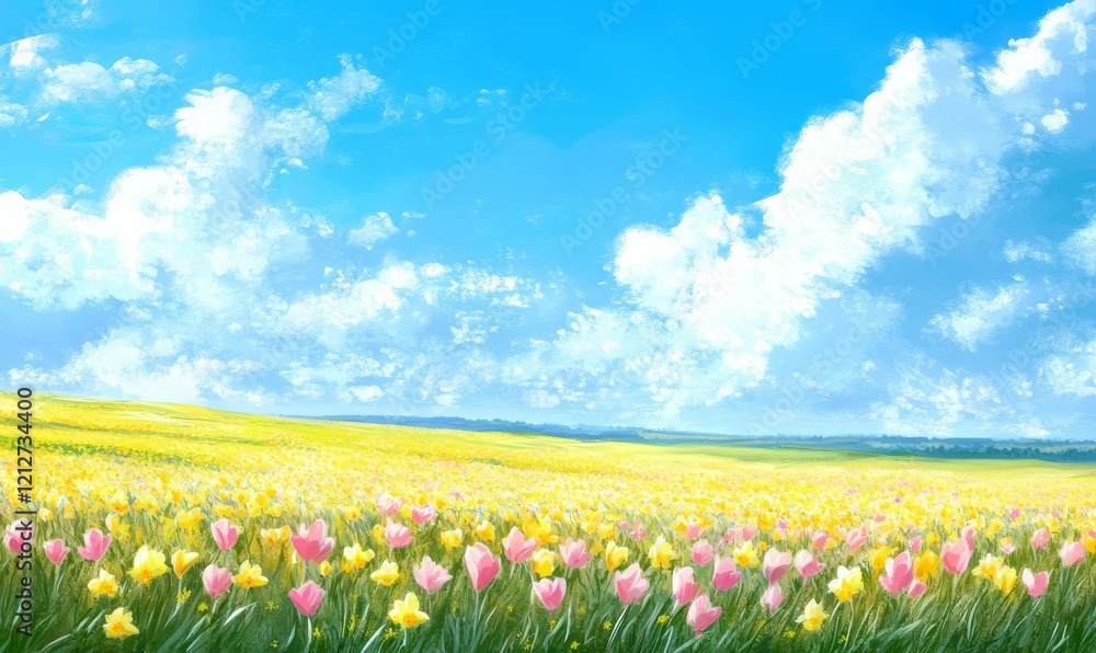 Pink and yellow daffodils in a field on a sunny day with a bright blue sky, yellow flowers, field, spring flowers Pink and yellow daffodils in a field on a sunny day with a bright blue sky, yellow flowers, field, spring flowers