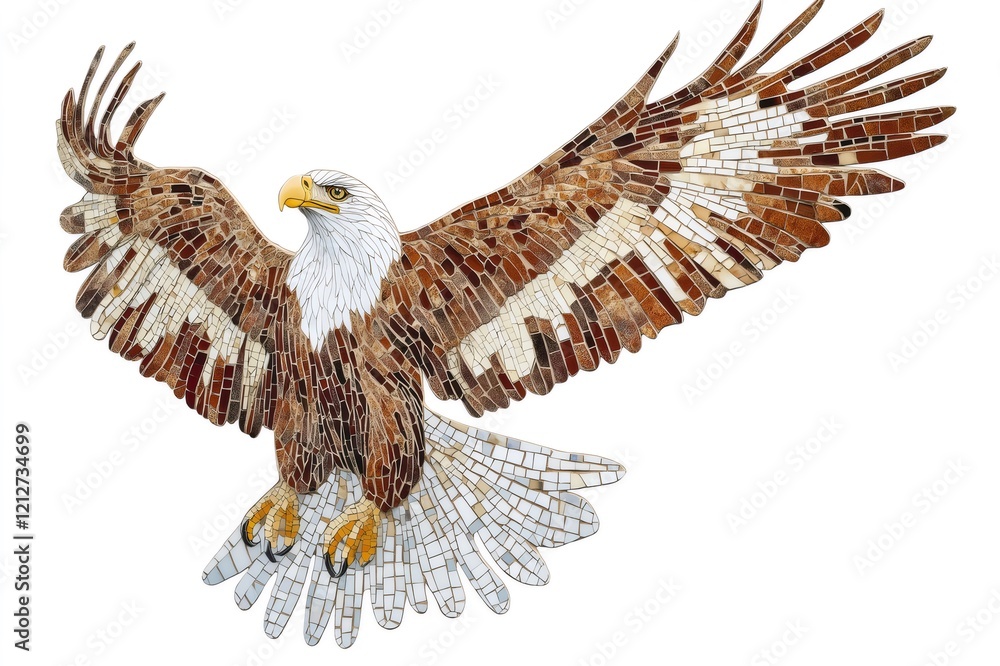 Obraz premium Mosaic representation of a bald eagle in flight, crafted with brown and white tiles, showcasing the power and beauty of the national bird