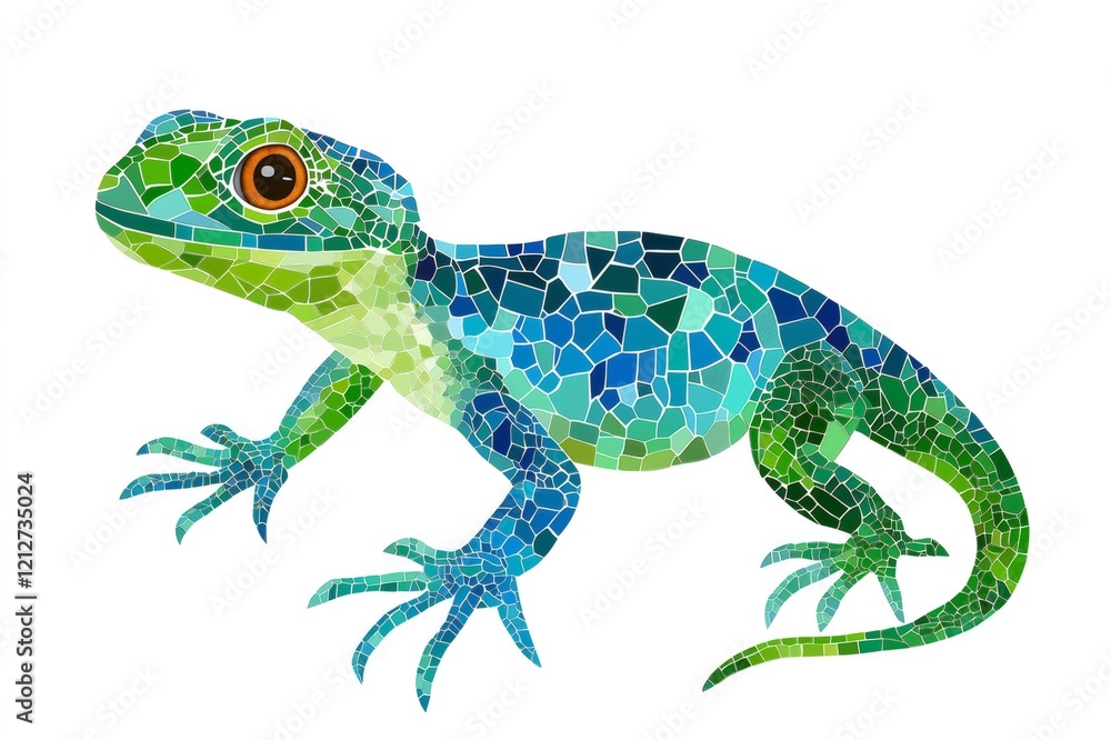 Fototapeta premium Mosaic style illustration of a green and blue lizard, representing wildlife, nature, and design