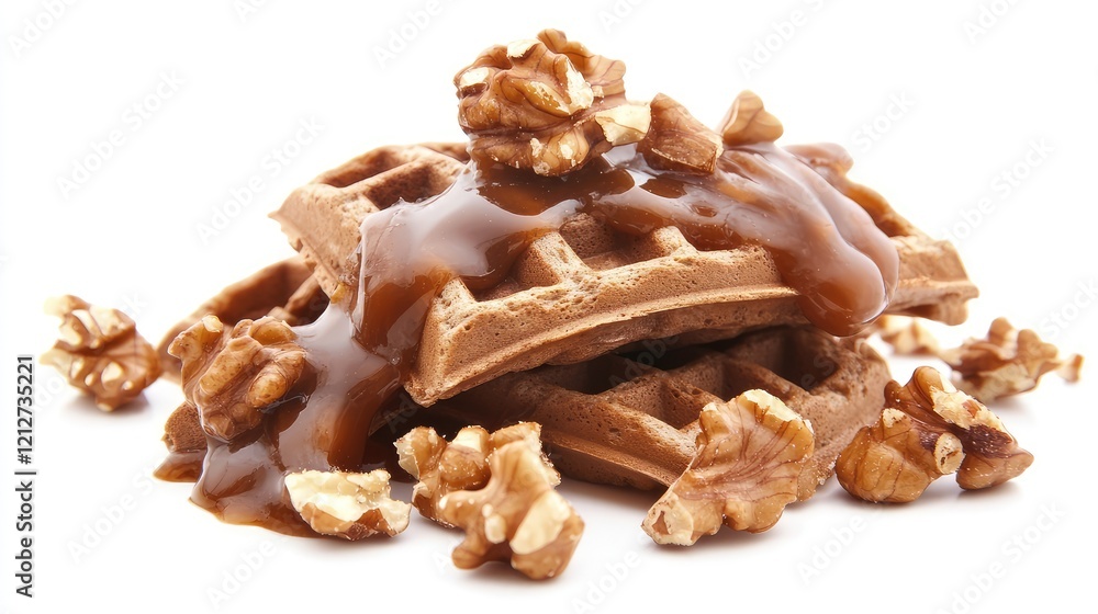 Delicious Golden Waffles Topped with Caramel Sauce and Caramelized Walnuts on a Bright White Background Ideal for Dessert and Food Photography Delicious Golden Waffles Topped with Caramel Sauce and Caramelized Walnuts on a Bright White Background Ideal for Dessert and Food Photography