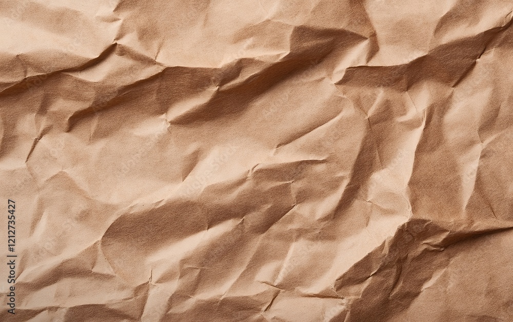Obraz premium Close-up of crumpled and textured brown paper surface with deep folds and wrinkles, perfect for creative design, backgrounds, and vintage paper effects