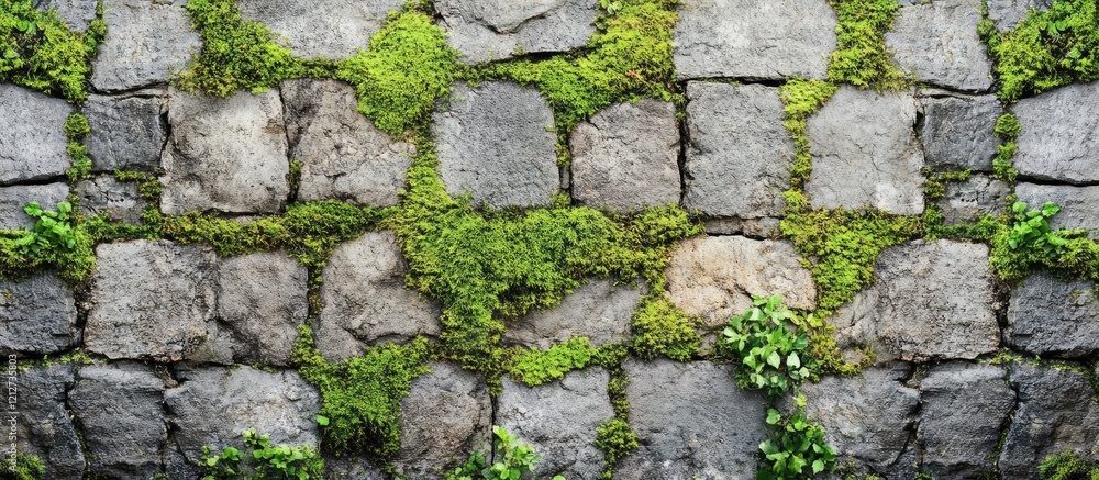 Obraz premium Lush green moss adorning a rustic stone wall in a serene natural environment with ample space for text placement