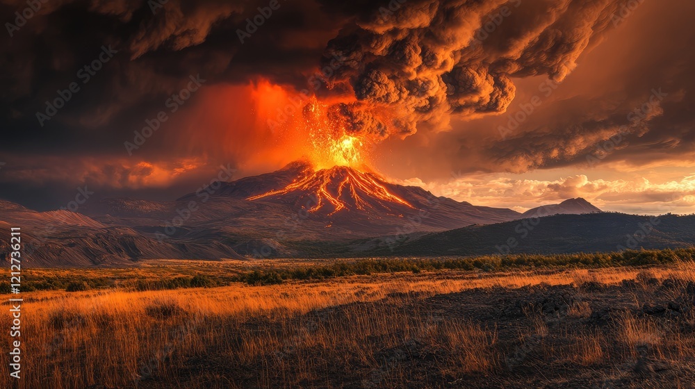 Fototapeta premium Majestic Volcanic Eruption Illuminating the Sky with Ash Clouds and Fiery Lava Flow Over Dramatic Landscape at Dusk