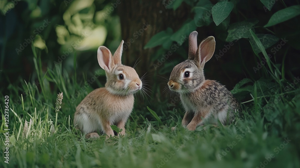 Two cute rabbits resting in lush green grass surrounded by vibrant foliage in a serene garden setting. Two cute rabbits resting in lush green grass surrounded by vibrant foliage in a serene garden setting.