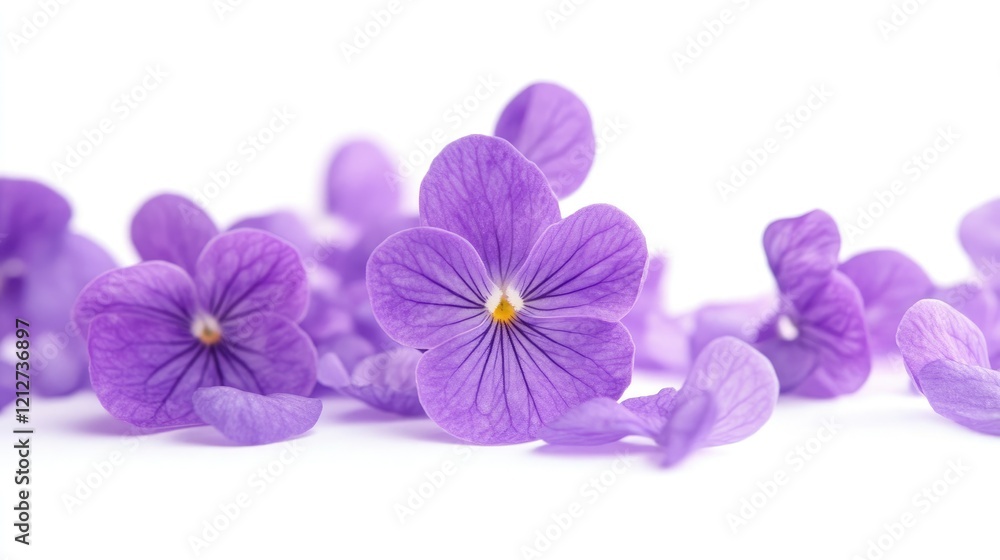 Obraz premium Violet flowers petal arrangement on white background showcasing delicate textures and vibrant purple hues for floral design concepts