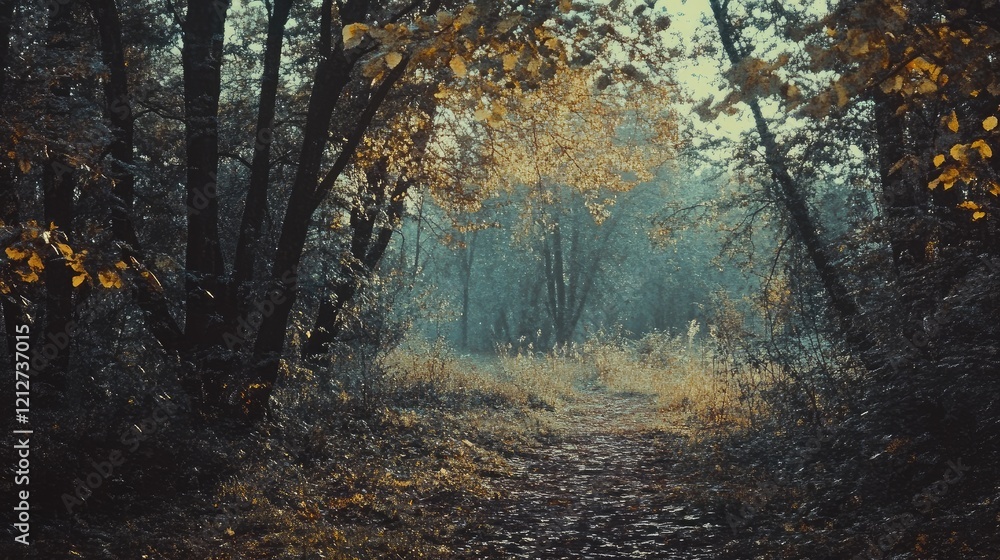 Fototapeta premium Forest pathway in autumn light showcasing vibrant foliage and morning mist in a serene natural landscape scene.