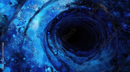 Dynamic Blue and Black Swirling Digital Tunnel with Abstract Circular Patterns and Deep Vortex Depth in a Dark Environment
